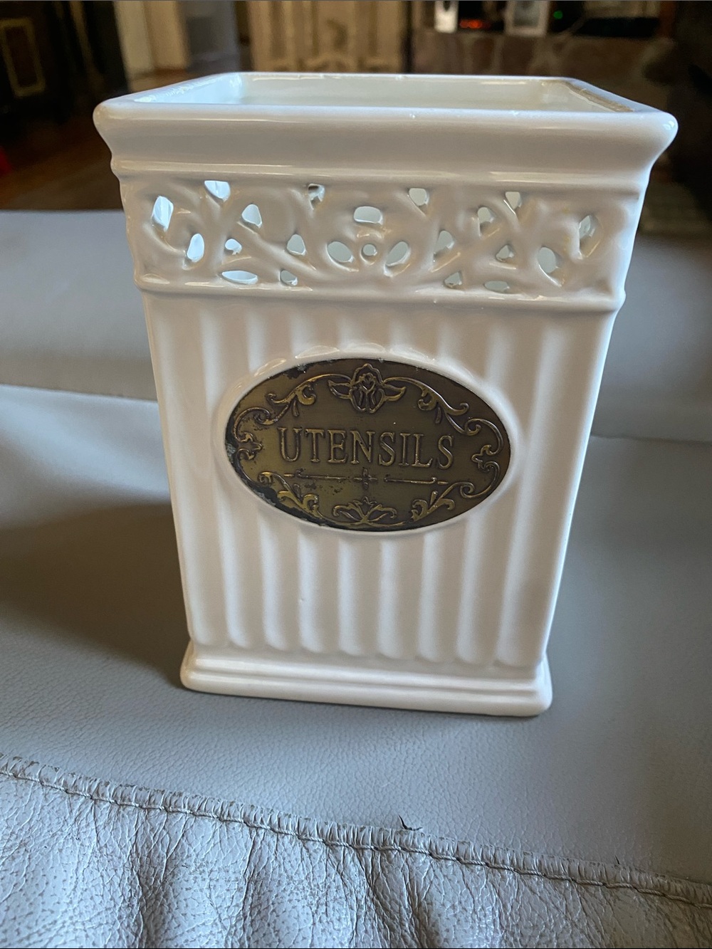 Vintage White THL Utensils Holder with Decorative Brass Plaque